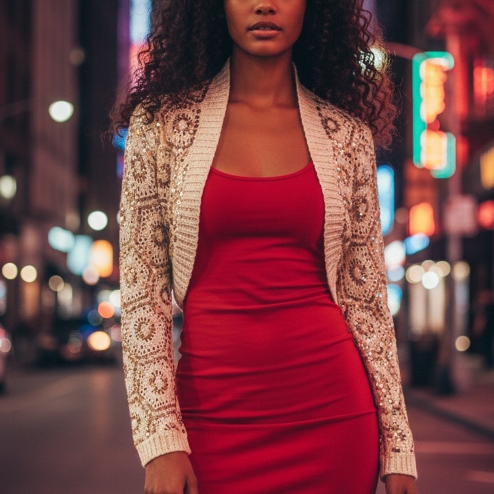 LN White House Black Market Cropped Embroidered Knit Sequin Open Cardigan Y2K - Picture 5 of 16